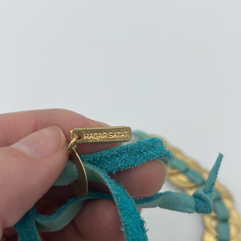 Hagar Satat Teal Leather and Gold Tone Coin Necklace - Picture 5 of 6